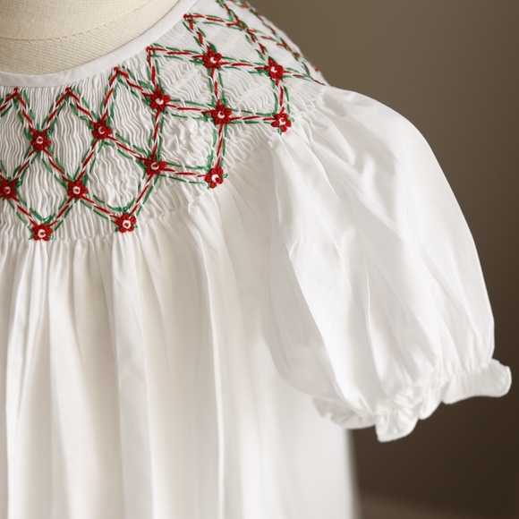 White Smocked Feltman Brothers Bishop Dress Red Green Embroidery NEW With Tag - Picture 5 of 6